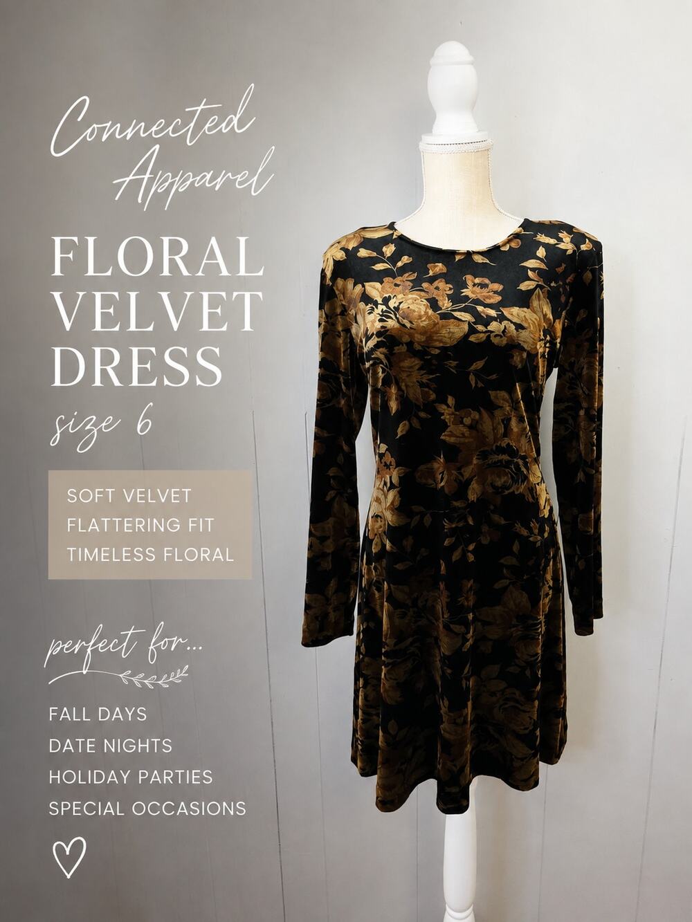 Vintage Connected Apparel Fit & Flare Dress Sz 6 Black Floral Velvet Whimsigoth